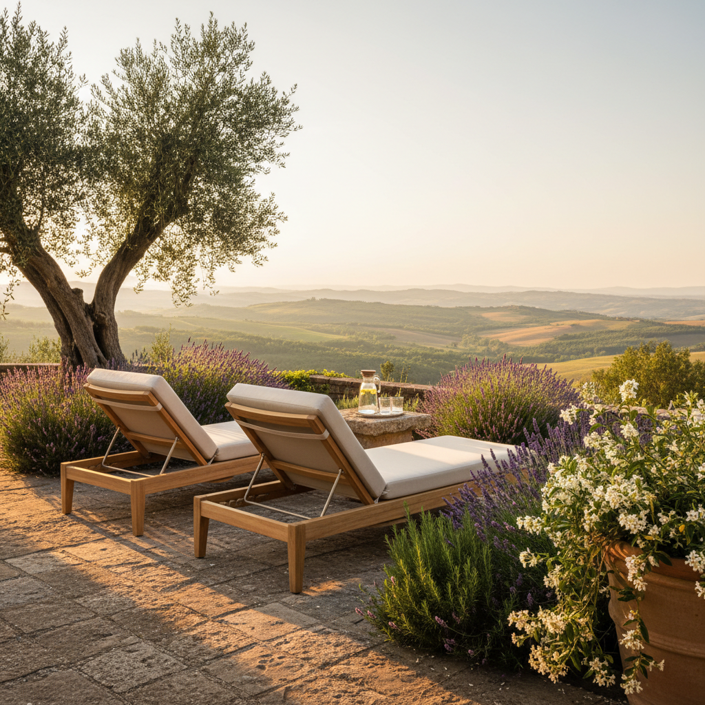 A serene garden corner at Villa Raffaella, designed as a peaceful outdoor retreat. A pair of cushioned lounge chairs made of light teak wood sit on a stone patio, angled towards the distant, softly rolling Tuscan hills. Between them, a low table holds a carafe of water with lemon slices and two simple glasses. Around the seating area, fragrant lavender, rosemary, and climbing jasmine frame the scene, while an old olive tree casts dappled shade across the ground. Warm golden-hour sunlight filters through the leaves, creating a pattern of light and shadow. Photographic realism with a slightly low angle that emphasizes the inviting seating and opens out towards the landscape, giving a mood of refined relaxation and contemplative quiet.