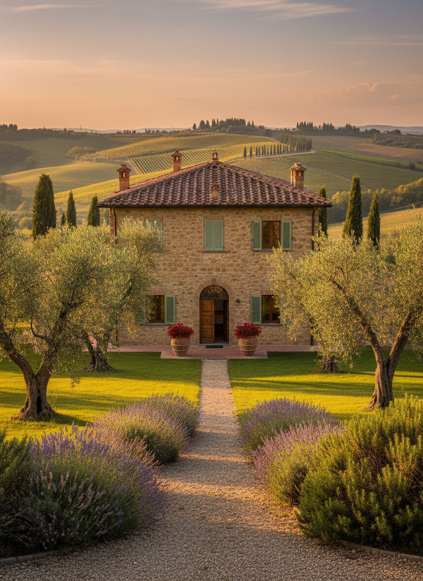 A refined Tuscan villa perched on gentle Pisan hills, its warm ochre stone façade and sage green shutters surrounded by manicured lawns and mature olive trees. In the foreground, a gravel path bordered by lavender and rosemary leads to an elegant entrance with terracotta pots overflowing with geraniums. Late afternoon golden hour light bathes the rolling vineyards and cypress-lined ridges beyond, creating long, soft shadows. Photographic realism at eye level, with a wide-angle composition that captures both the villa and its expansive countryside setting. The mood is sophisticated yet welcoming, evoking a serene escape in Terricciola, ideal for a high-end vacation rental website hero image.
