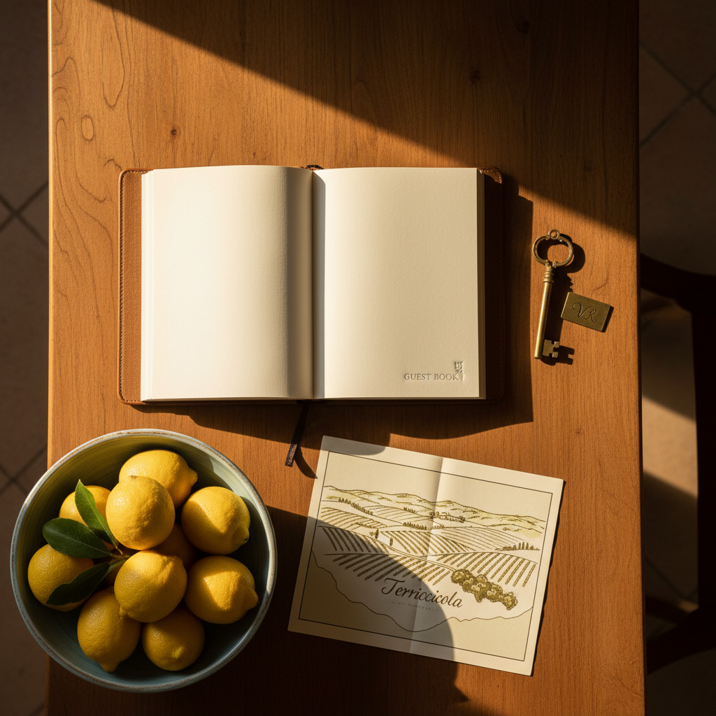 A tasteful, informative vignette suggesting booking details for a luxury Tuscan vacation rental, without using text. A polished wooden console table in the villa’s entrance holds a neatly arranged still life: a leather-bound guest book open to a blank page, an antique-style room key with a small metal tag resting beside it, and a folded map of Tuscany with Terricciola subtly visible. A ceramic bowl of fresh lemons and a small sprig of olive leaves add color and natural texture. Soft indoor lighting from an unseen wall sconce casts warm, intimate shadows. Photographic realism, shot from above with a carefully balanced composition, creating an atmosphere of anticipation and organization, symbolizing check-in, reservations, and the promise of a well-managed stay at Villa Raffaella.