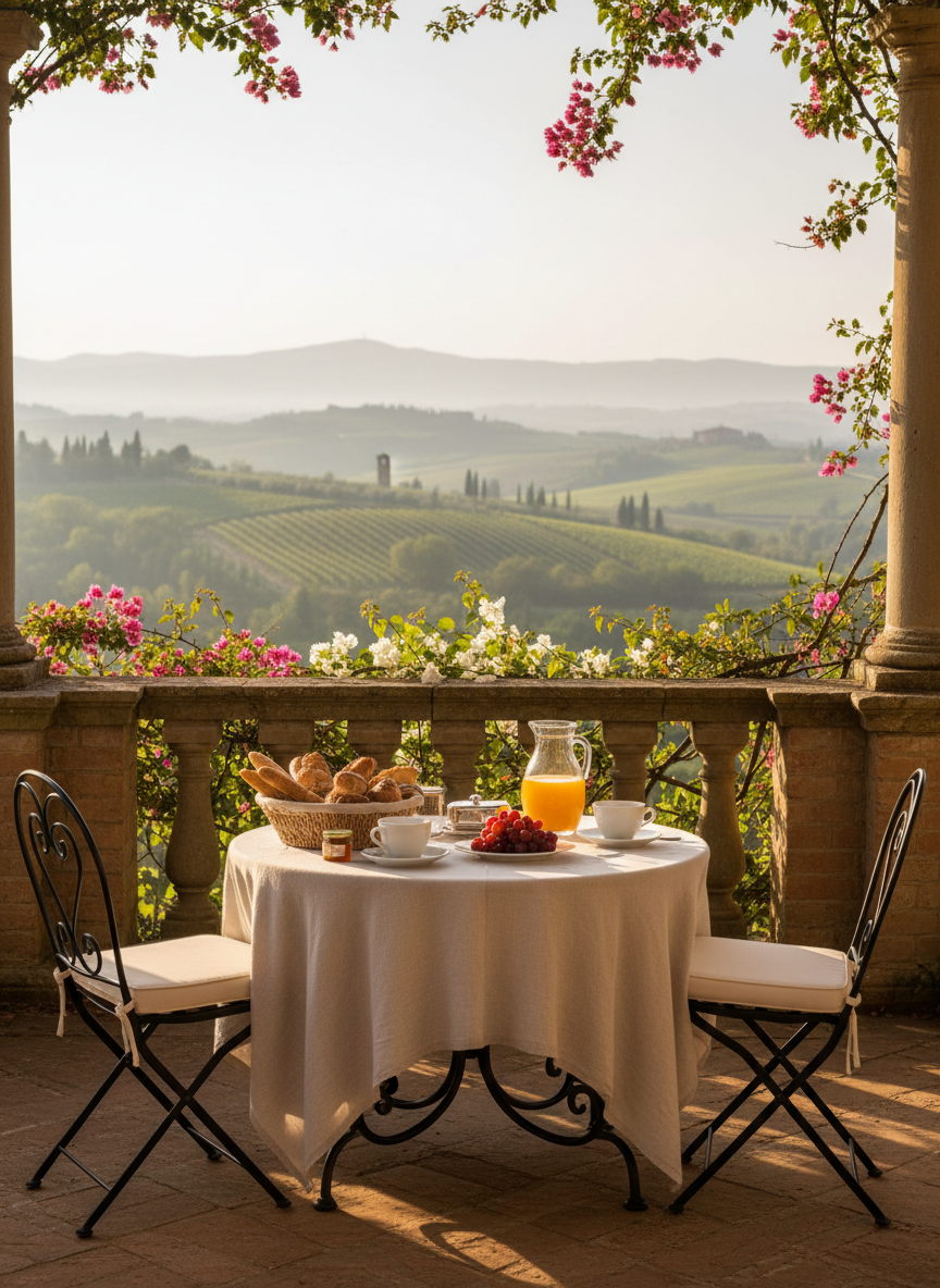 A charming stone terrace at Villa Raffaella overlooking the Pisan hills, set for a leisurely breakfast. A wrought-iron table with a pale linen tablecloth holds a basket of rustic bread, a glass carafe of orange juice, and white ceramic cups. Around it, matching iron chairs with soft cushions face a low stone wall draped in flowering vines. Beyond, vineyards and olive groves cascade down the Tuscan landscape under soft morning sunlight, with a delicate haze in the distance. Photographic realism, composed using the rule of thirds, focusing on the table while the view softly blurs into the background. The mood is tranquil, sophisticated, and subtly romantic.