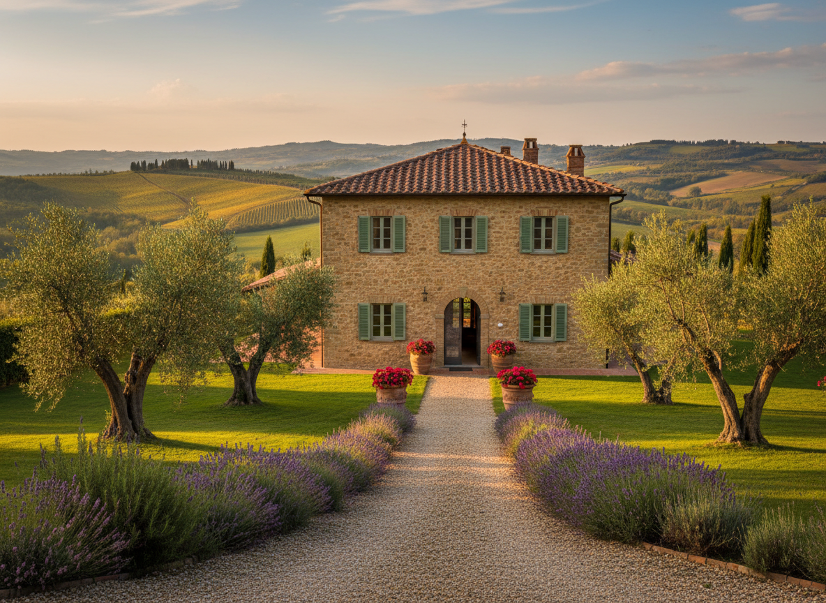 A refined Tuscan villa perched on gentle Pisan hills, its warm ochre stone façade and sage green shutters surrounded by manicured lawns and mature olive trees. In the foreground, a gravel path bordered by lavender and rosemary leads to an elegant entrance with terracotta pots overflowing with geraniums. Late afternoon golden hour light bathes the rolling vineyards and cypress-lined ridges beyond, creating long, soft shadows. Photographic realism at eye level, with a wide-angle composition that captures both the villa and its expansive countryside setting. The mood is sophisticated yet welcoming, evoking a serene escape in Terricciola, ideal for a high-end vacation rental website hero image.