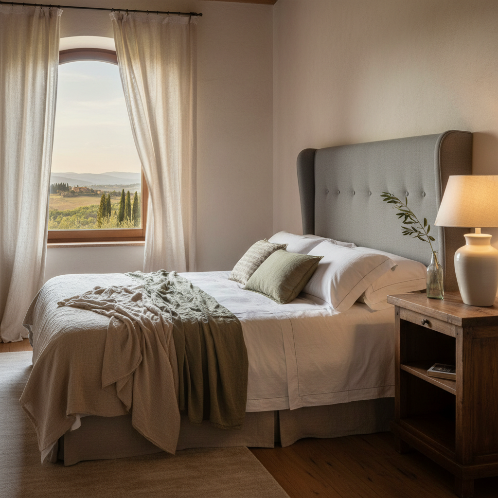An elegant bedroom in a Tuscan holiday villa, designed for restful sophistication. A large bed with a high, upholstered headboard in muted dove grey is dressed in crisp white linens and layered linen throws in soft earthy tones. Beside it, a solid wood nightstand holds a simple ceramic lamp and a single sprig of olive leaves in a glass bottle. A wide window framed by light, flowing curtains reveals a glimpse of the Pisan hills and cypress trees outside. Soft, diffused late-afternoon light fills the room, creating gentle shadows and highlighting the natural textures of wood, fabric, and plaster. Photographic realism, eye-level composition with a shallow depth of field that keeps the bed in perfect focus, conveying calm, privacy, and understated luxury.