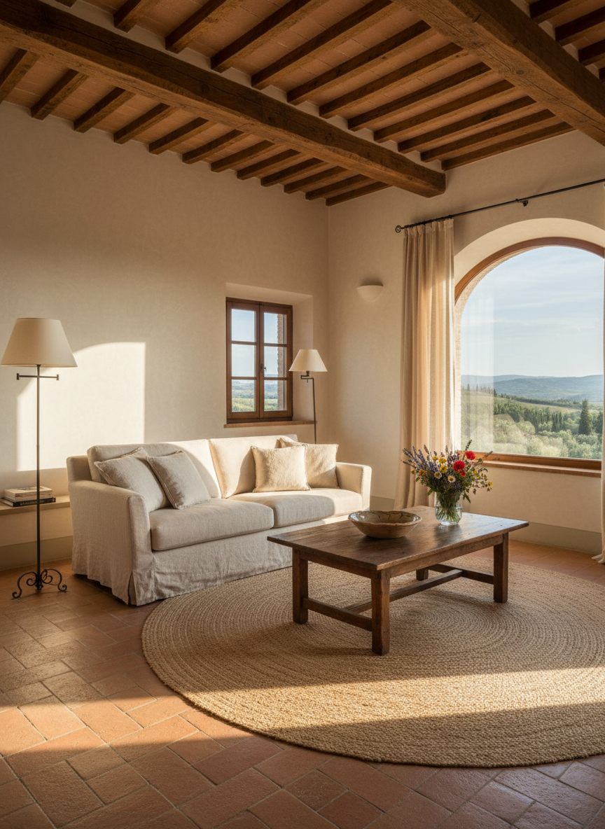 An airy, sophisticated living room inside a Tuscan vacation villa, featuring exposed wooden beams, creamy plaster walls, and a large arched window opening towards soft, undulating hills. A plush linen sofa in neutral tones sits atop a woven jute rug, with a solid wood coffee table displaying a ceramic bowl and a small vase of freshly cut wildflowers. Natural afternoon light pours in, creating gentle highlights on the textured walls and a subtle glow on polished terracotta floors. Photographic realism, shot from a slightly elevated corner angle to show the spaciousness and flow towards the window. The atmosphere is calm, elegant, and inviting, perfect for showcasing the villa’s interiors.